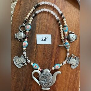 Tea Party Teapot Cup Charm Floral Beaded Necklace Silver Tone